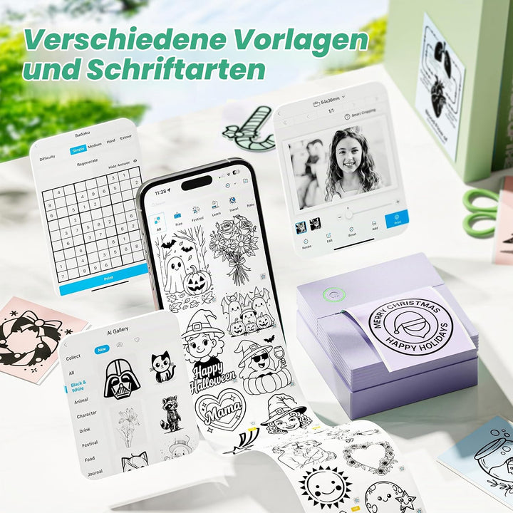 Sticker Drucker, PM290 Mini Drucker für Smartphone, Bluetooth Thermodrucker Mini mit 3 Rollen Papier