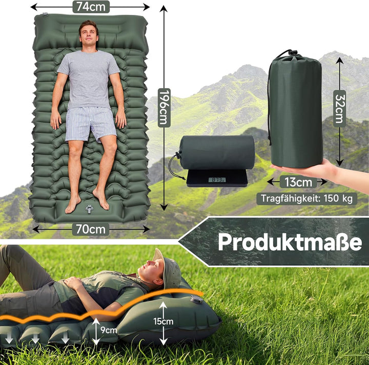 HAUSPROFI Isomatte Camping Luftmatratze extra breit, Ultraleicht, aufblasbar – mit integriertem Kiss