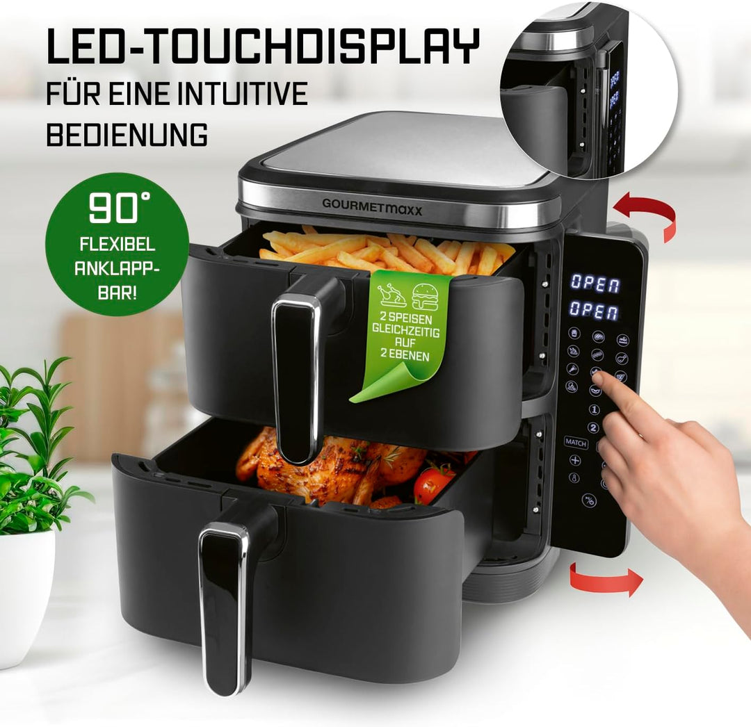 GOURMETmaxx FryUp Vertikale Doppelkammer Heissluftfritteuse | vertikaler Airfryer | klappbares Touch