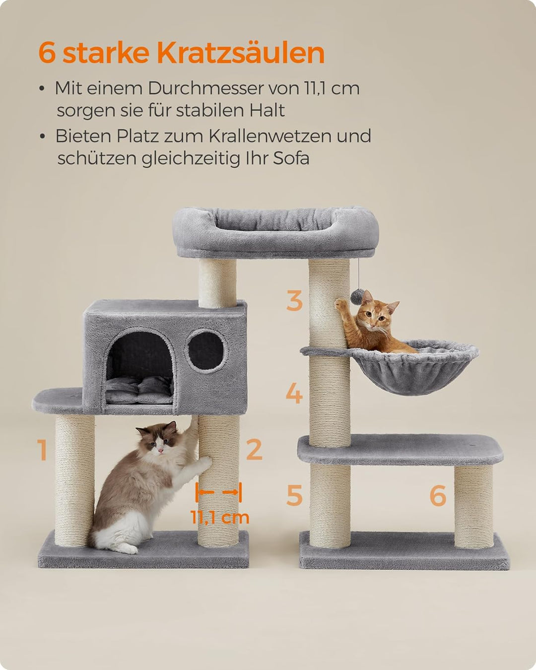 Feandrea Kratzbaum für grosse Katzen, XXL, hochbelastbar, Katzenturm mit 6 extra dicken Kratzsäulen,
