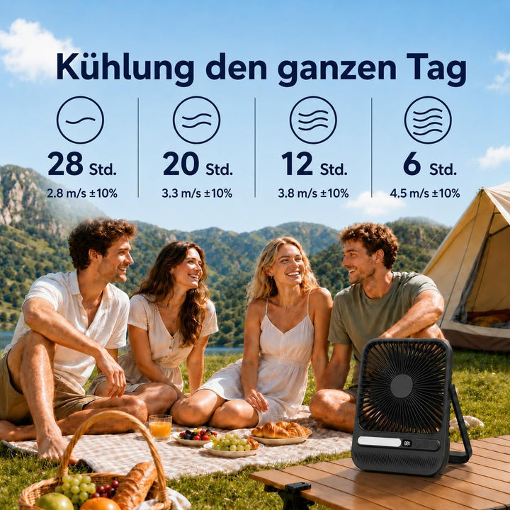 Akku Ventilator, 7 Zoll, 10000mAh, 4 Geschwindigkeiten | Ultraflach, leise und tragbar, mit Display,