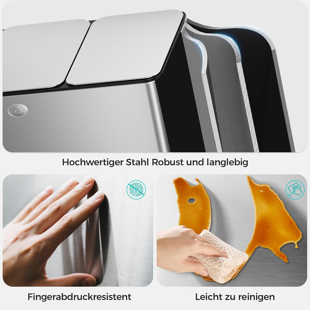 YASHE 45L Mülleimer Küche, 3-Fach Abfalleimer mit Pedalen aus Edelstahl mit 20 Müllbeuteln und Herau