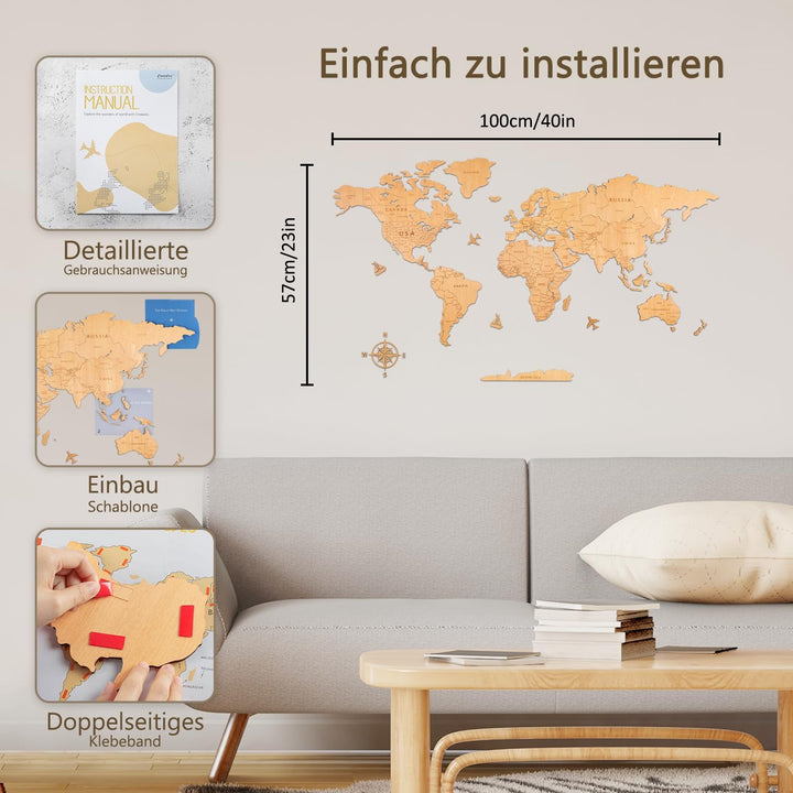 Creawoo Weltkarte Wanddekoration aus Holz, Natur Weltkarte Reisekarte Wanddeko Wandkunst für Büro, W