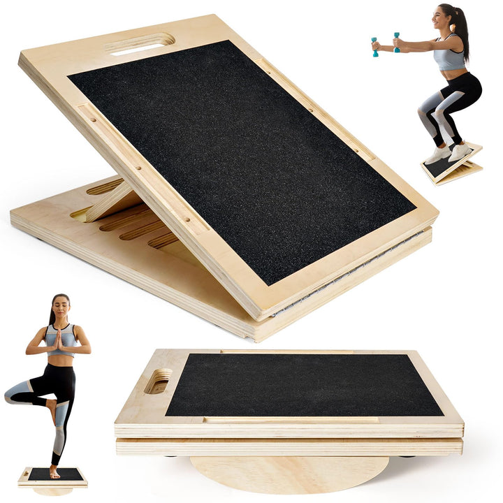 2-in-1 Schrägbrett aus Holz und Balance Board, Verstellbares Wadendehner Slant Board, Rutschfestes B