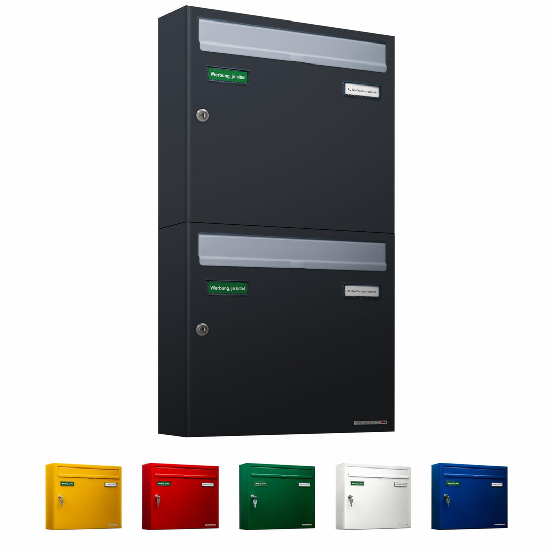 AL Briefkastensysteme Basic 2er Briefkasten RAL 7016 Anthrazit Grau/Einwurfklappe RAL 9006 Weiss Alu