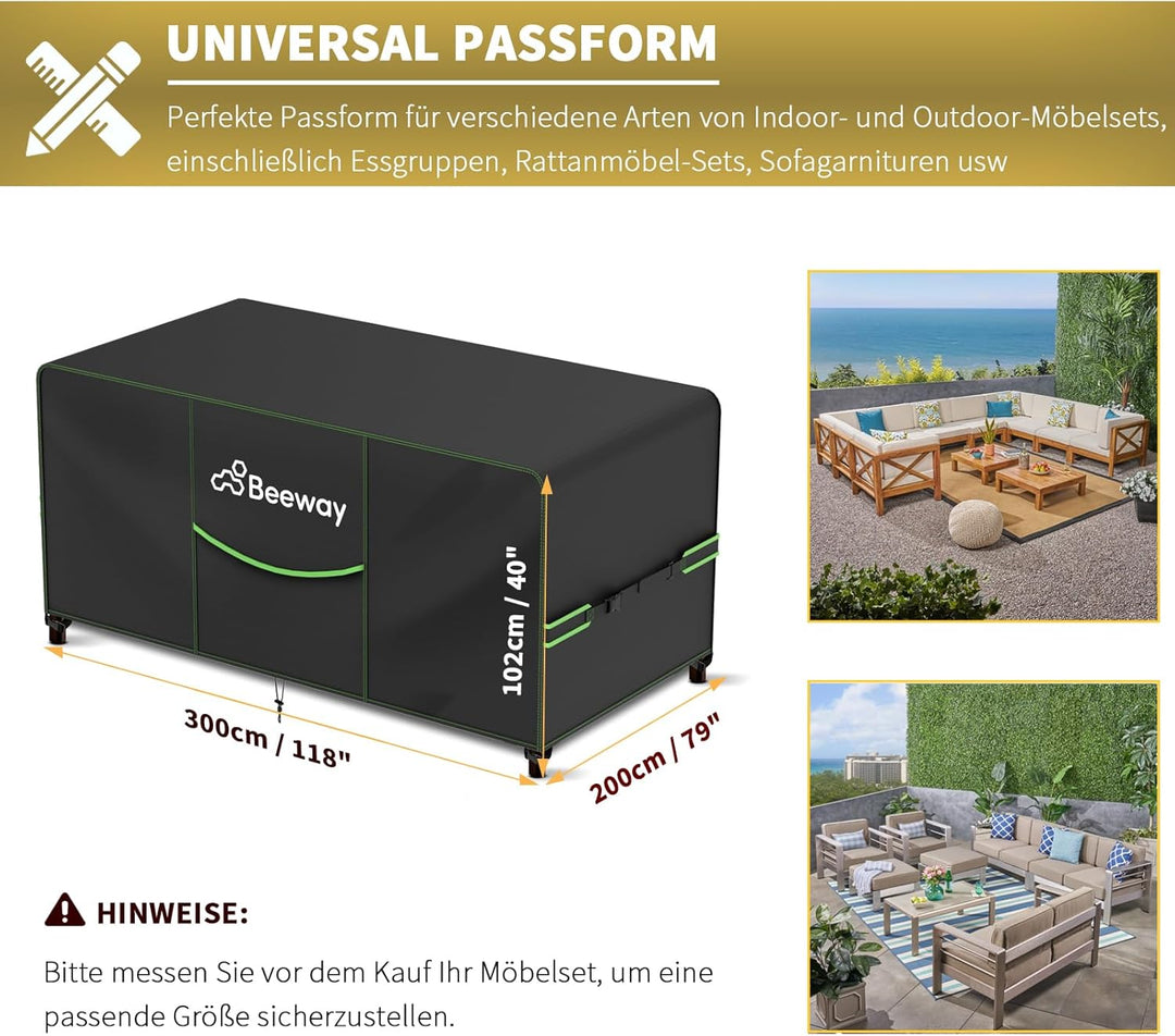 BEEWAY Gartenmöbel Abdeckung Wasserdicht V2.0 300x250x102cm, Schutzhülle Abdeckplane für Gartentisch