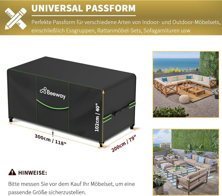 BEEWAY Gartenmöbel Abdeckung Wasserdicht V2.0 300x250x102cm, Schutzhülle Abdeckplane für Gartentisch