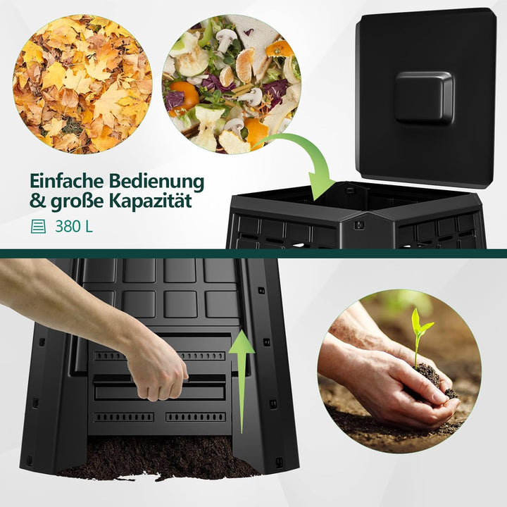 COSTWAY Garten Komposter 380 L, PP, Thermokomposter mit Deckel & verstellbaren Luftschlitzen, grosse