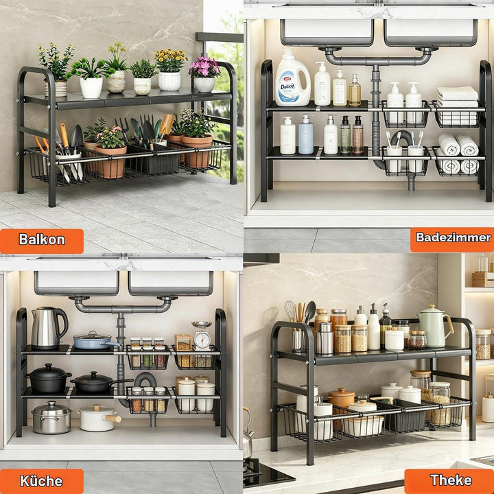 devesanter 2-stöckig Unter-Spülschrank Organizer,verstellbar 52–90 cm,4 herausnehmbare Körbe &amp; 4 abn