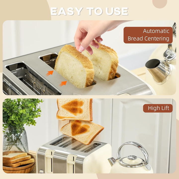 HOMCOM Set aus Wasserkocher und Toaster 2200 W, Edelstahl-Wasserkocher 1,7 L mit Isolierung und 4-Sc