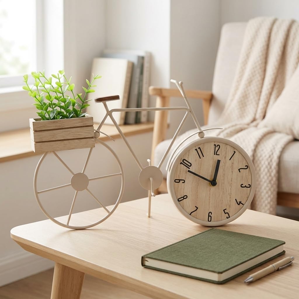 MIJOMA Tischuhr Fahrrad 34 x 24 cm – Metallrahmen mit Holzbox und Deko-Pflanze – analoges Zifferblat