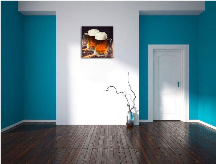 Zwei Masskrüge Bier, Format: 70x70 auf Leinwand, XXL riesige Bilder fertig gerahmt mit Keilrahmen, K