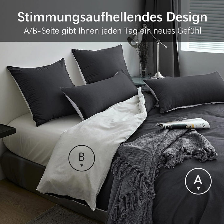 MILDLY Bettwäsche 220x240 Baumwolle Anthrazit, Bettwäsche-Sets 100% Gewaschene Baumwolle mit Leinena