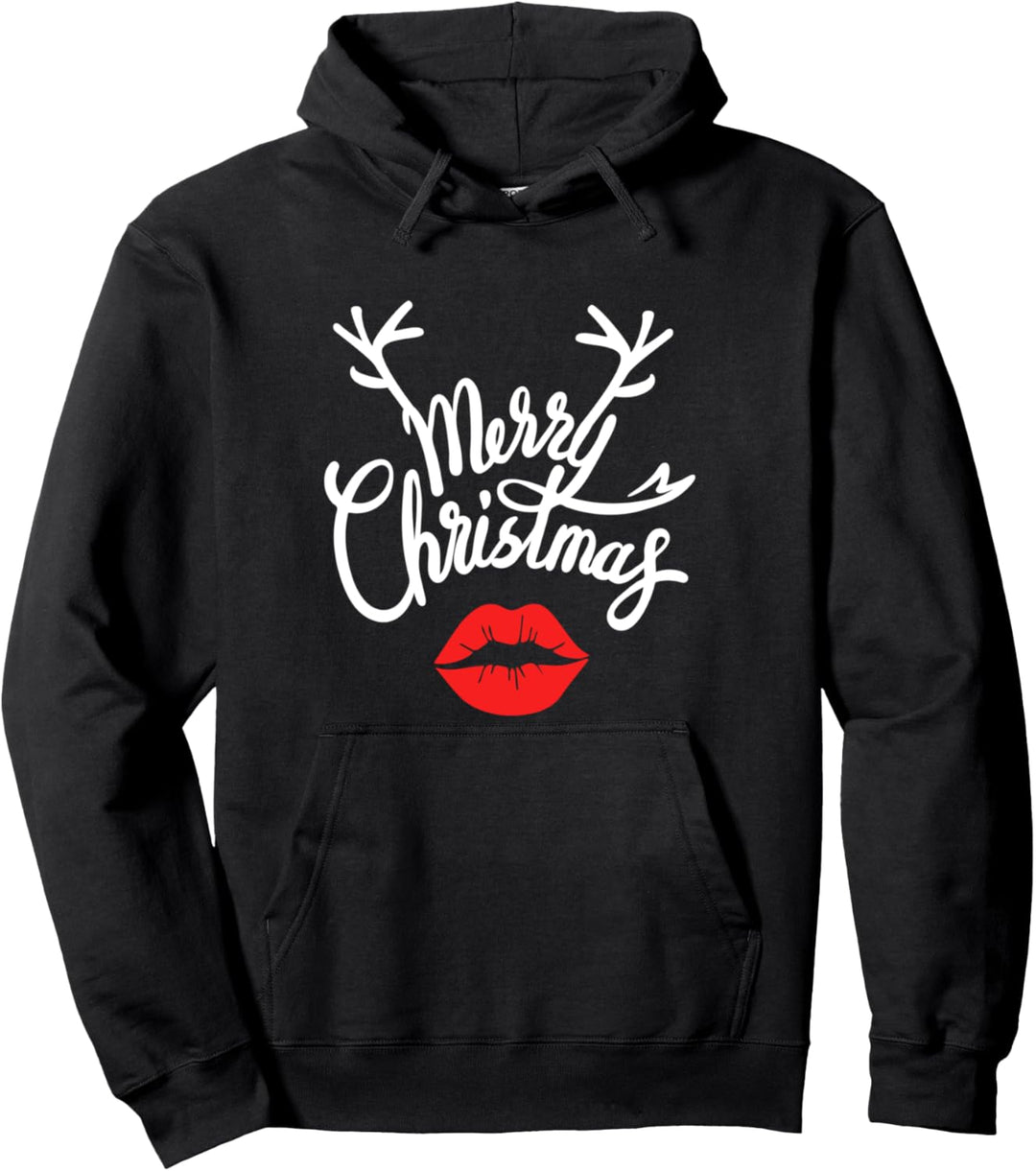 Rentier Merry Christmas Casual Red Lips Funny Pullover Hoodie
