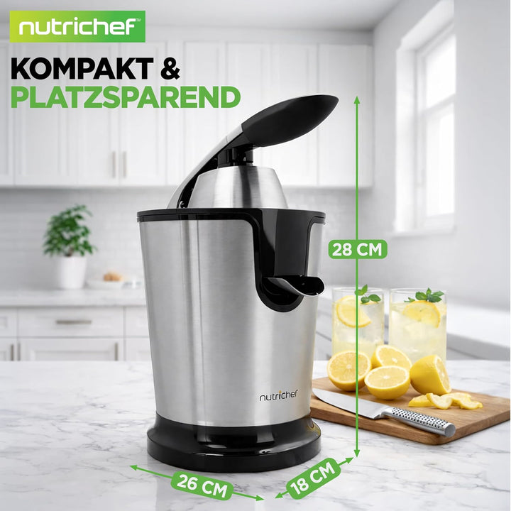 NutriChef Elektrische Zitruspresse, 160 W Orangenpresse aus Edelstahl mit Hebelarm – Leistungsstarke
