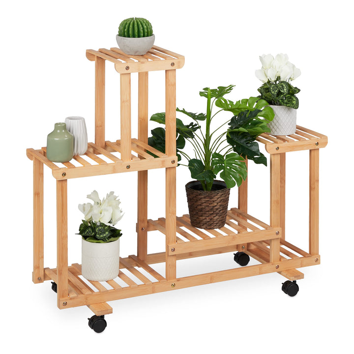 Relaxdays Pflanzenregal, Blumenständer mit 6 Ablagen, Bambus, HxBxT 79 x 95 x 36 cm, rollbar, Blumen