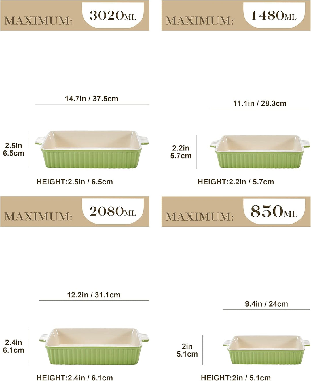 MALACASA Auflaufform, 4-teilig Set Gross & Klein Stapelbar Backformen (37, 30, 28, 24 cm) | Rechteck
