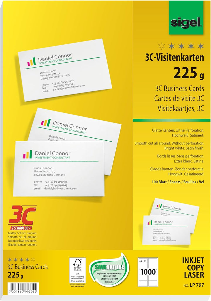 SIGEL LP797 bedruckbare Visitenkarten 3C, 1000 Stück (100 Blatt), hochweiss, glatter Schnitt rundum,