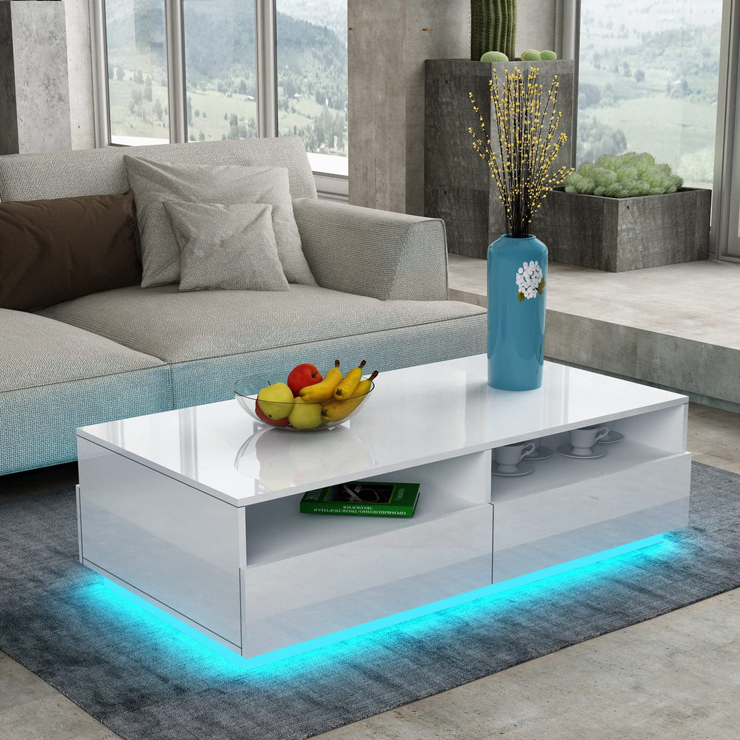 Senvoziii LED Couchtisch für Wohnzimmer, Beistelltisch Moderner Holztisch, Weisser Glanz Kaffeetisch
