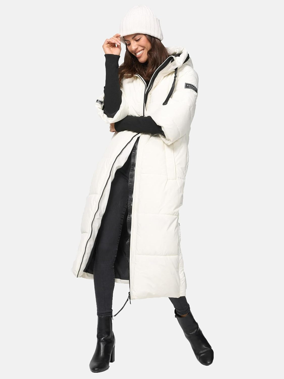 Navahoo Damen Wintermantel warmer Steppmantel lang mit Kapuze und Rippstrickärmeln Ciao Miau XIV XS-