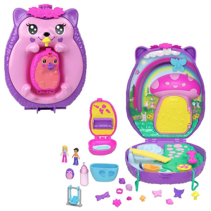 Polly Pocket 2-in-1 Reisespielzeug mit 2 Mikropuppen und 16 Accessoires, Igel-Handtaschen-Spielset,
