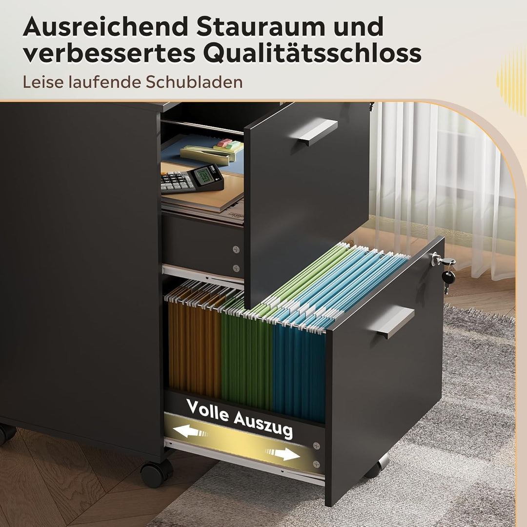 DEVAISE Rollcontainer mit 2 Schubladen, Abschliessbar Aktenschrank für Homeoffice, Rollcontainer Sch