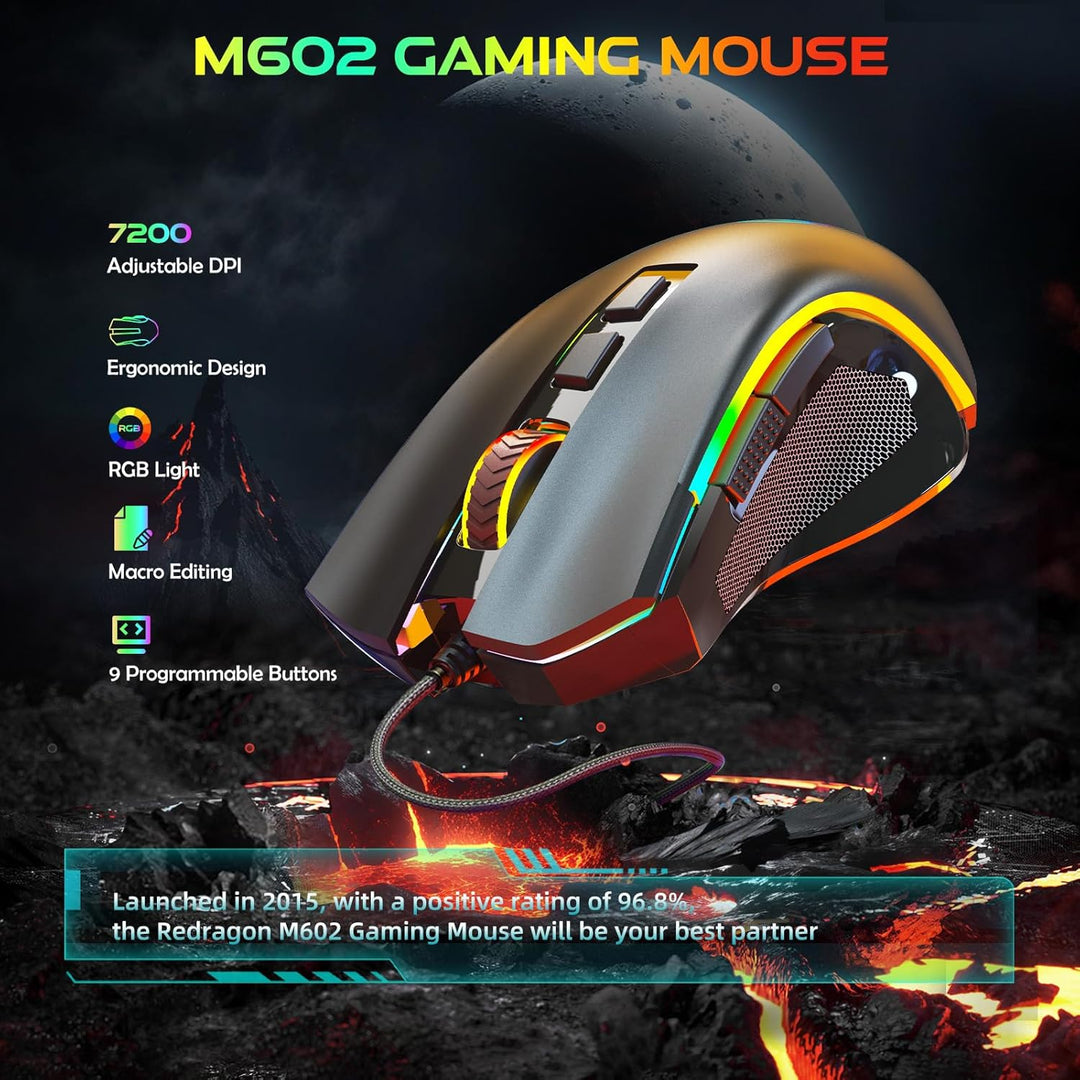 Redragon M602 Gaming Maus mit Kabel, Wired Computer Mouse Gaming mit Treiber, 7 Programmierbare Tast