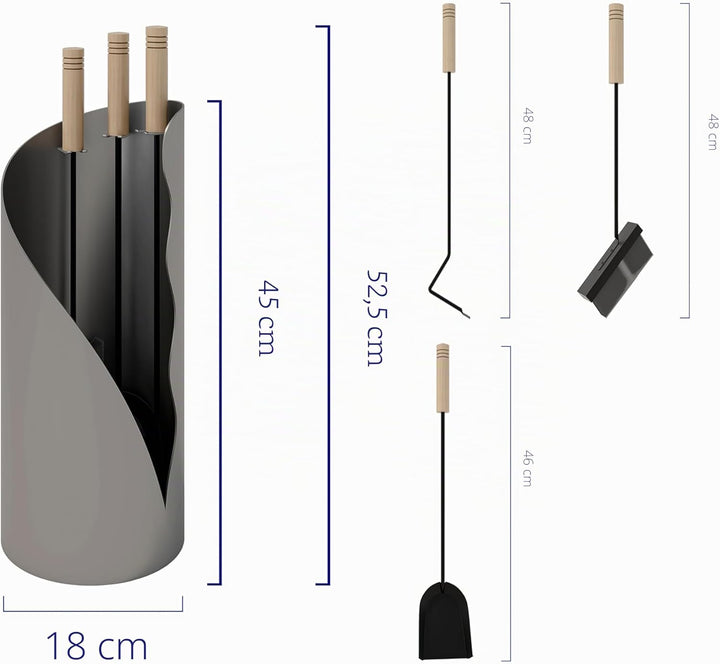 Kingson Kaminbegleiter-Set 3-teilig - Modernes Kaminbesteck mit Bürste, Schaufel & Schürhaken - Rund