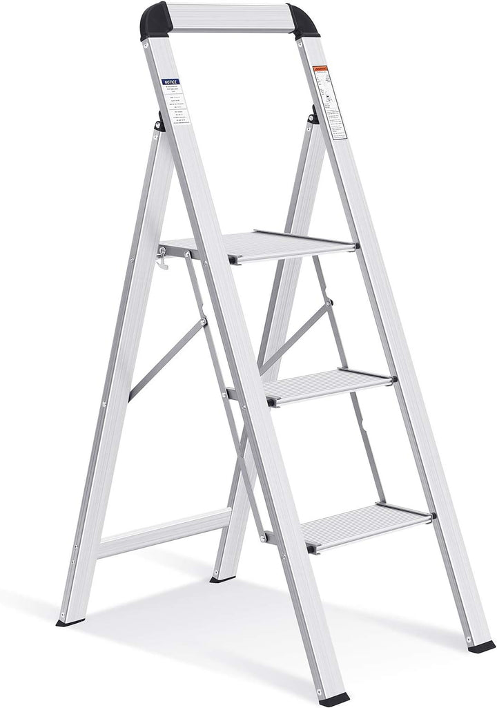 KINGRACK Stufenleiter, Trittleiter 3 Stufen, Klapptrittleiter mit Handlauf, rutschfeste Haushaltslei