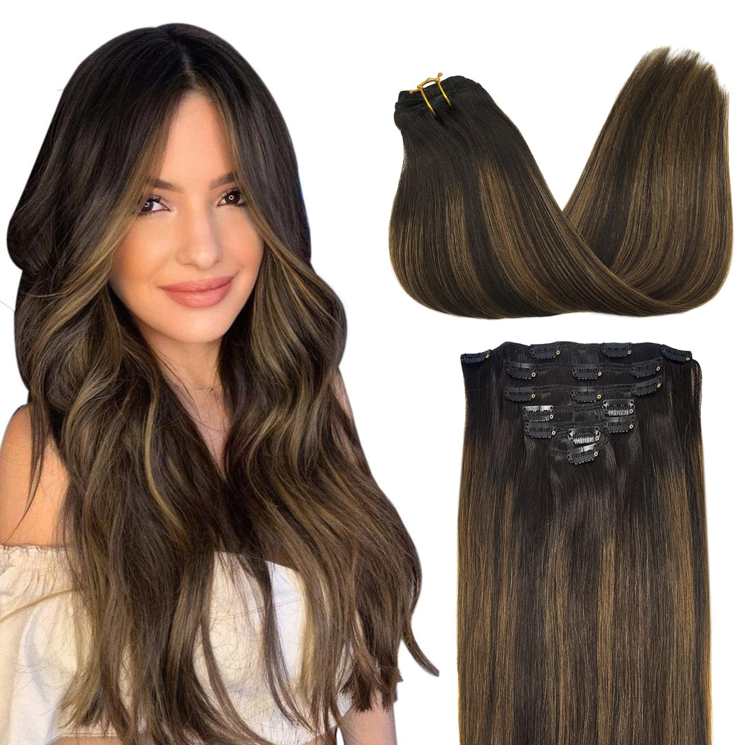 GOO GOO Clip in Extensions Echthaar, Echthaar Extensions Clip, 50cm 120g 7pcs, Extensions Echthaar,