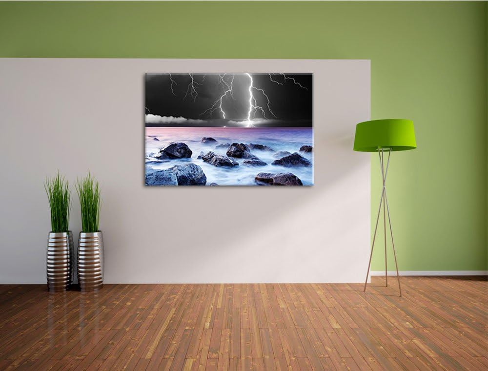 Blitze über dem Meer schwarz/weiss Format: 100x70 auf Leinwand, XXL riesige Bilder fertig gerahmt mi