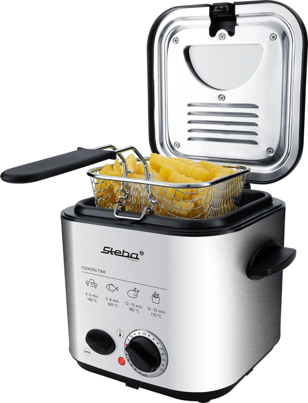 Steba Edelstahl Mini-Fritteuse mit Fondue-Set 2in1 - Geruchsfilter - 1,2 Liter Volumen - 8 Edelstahl