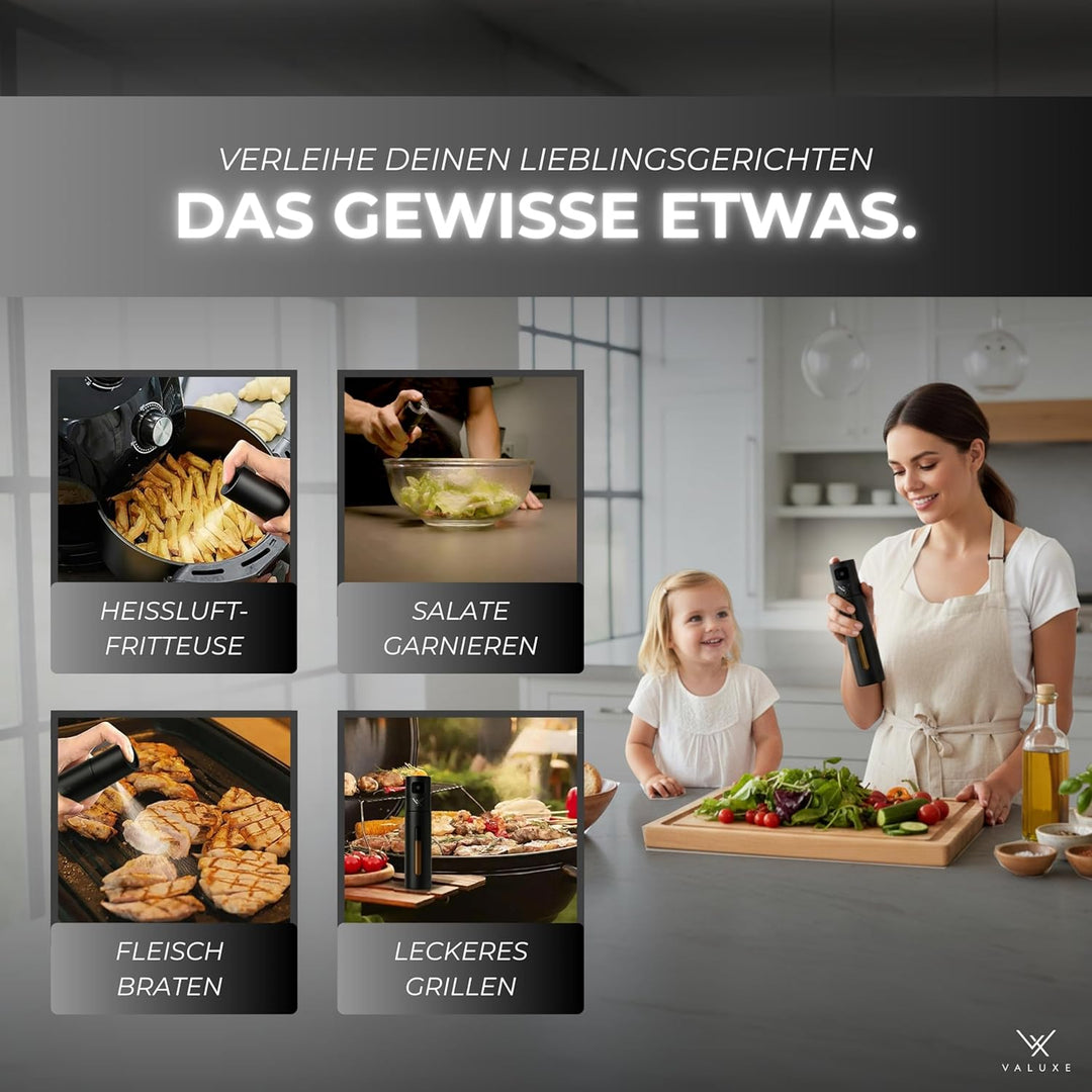 VALUXE® Ölsprüher für Speiseöl & Essig mit UV-Edelstahlmantel & Sprühfilter - Edelstahl Öl-Sprühflas