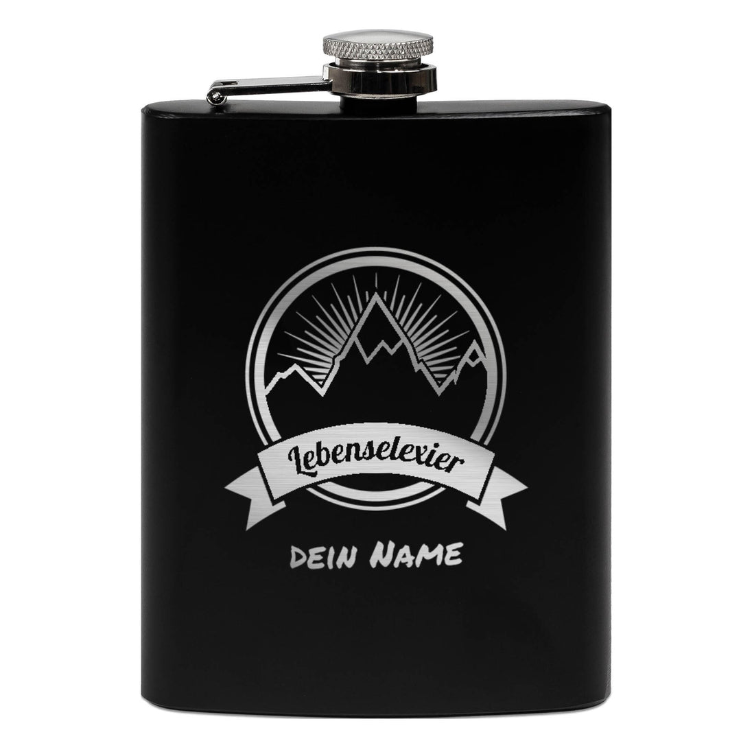 Flachmann mit Gravur aus Edelstahl selbst gestalten - Lebenselexier - mit Name gravieren - Geschenk