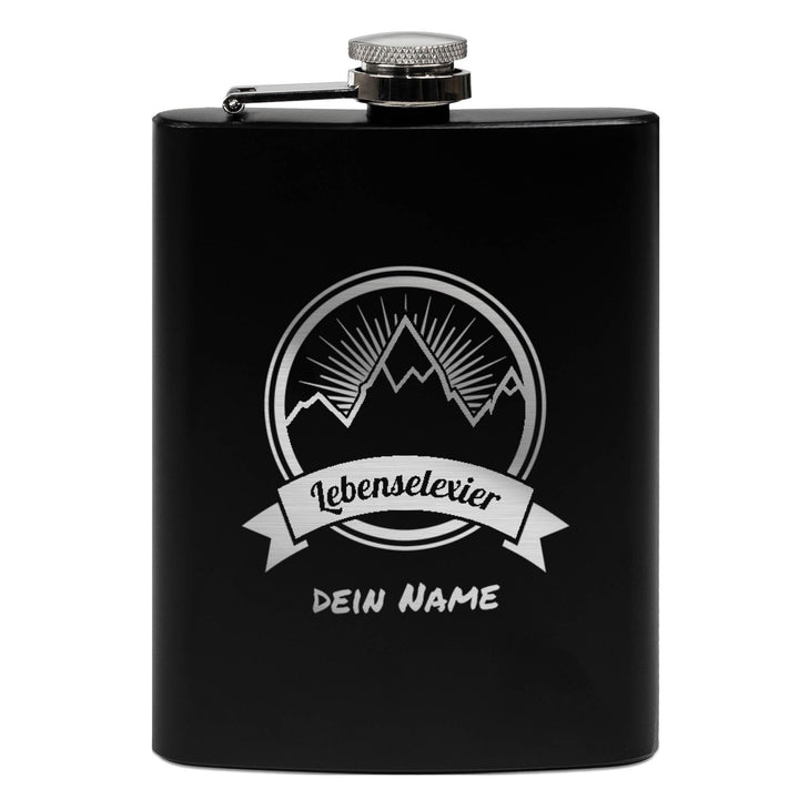 Flachmann mit Gravur aus Edelstahl selbst gestalten - Lebenselexier - mit Name gravieren - Geschenk