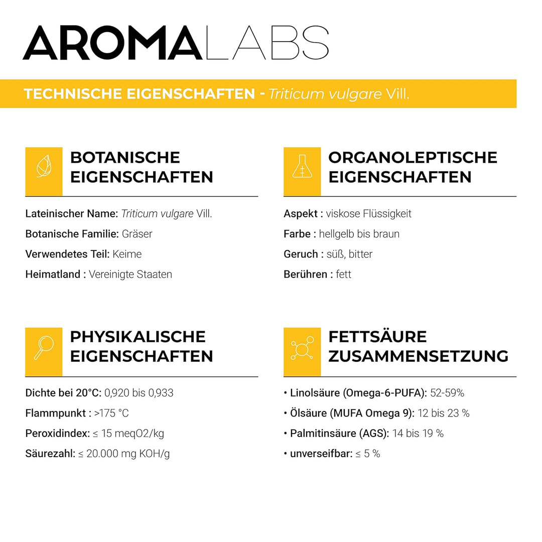 Bio - Pflanzliches Weizenkeimöl - 100mL - 100% Rein, Natürlich, Kaltgepresst und AB zertifiziert - A
