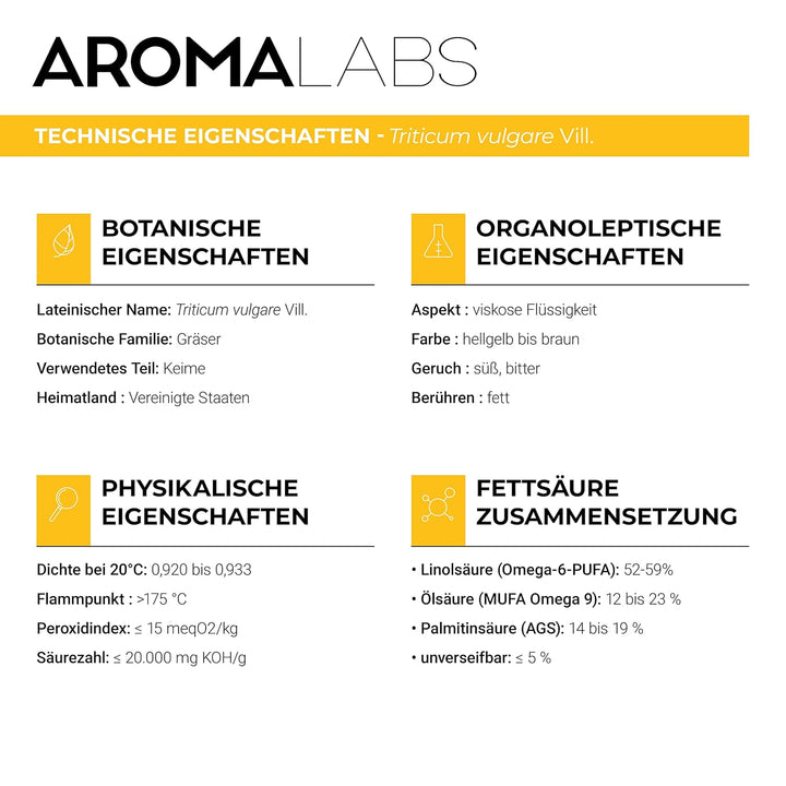 Bio - Pflanzliches Weizenkeimöl - 100mL - 100% Rein, Natürlich, Kaltgepresst und AB zertifiziert - A