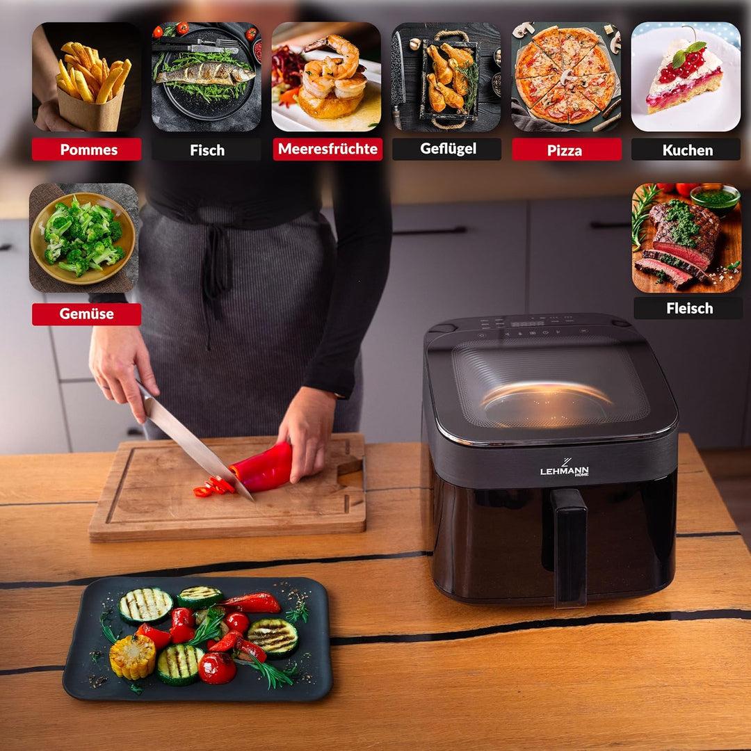 LEHMANN XL Heissluftfritteuse 6,5L, Airfryer mit oberem Panorama-Sichtfenster & Beleuchtung, Touchdi