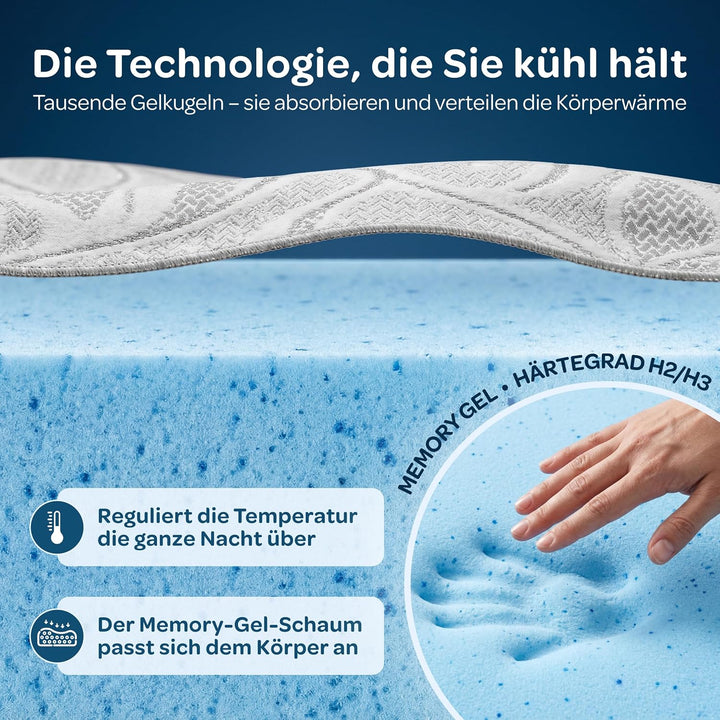 DOLCISOGNI Gel Memory Topper 140x200cm | H2/H3 Matratzentopper kühlend mit Silver Yarn Bezug | Antib
