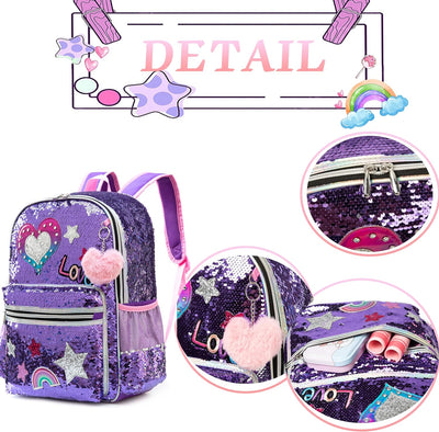 HTgroce Lila Pailletten Schulrucksack Set 3 Teilig, Schultasche ab 3. Klasse, Grundschule Ranzen, Er