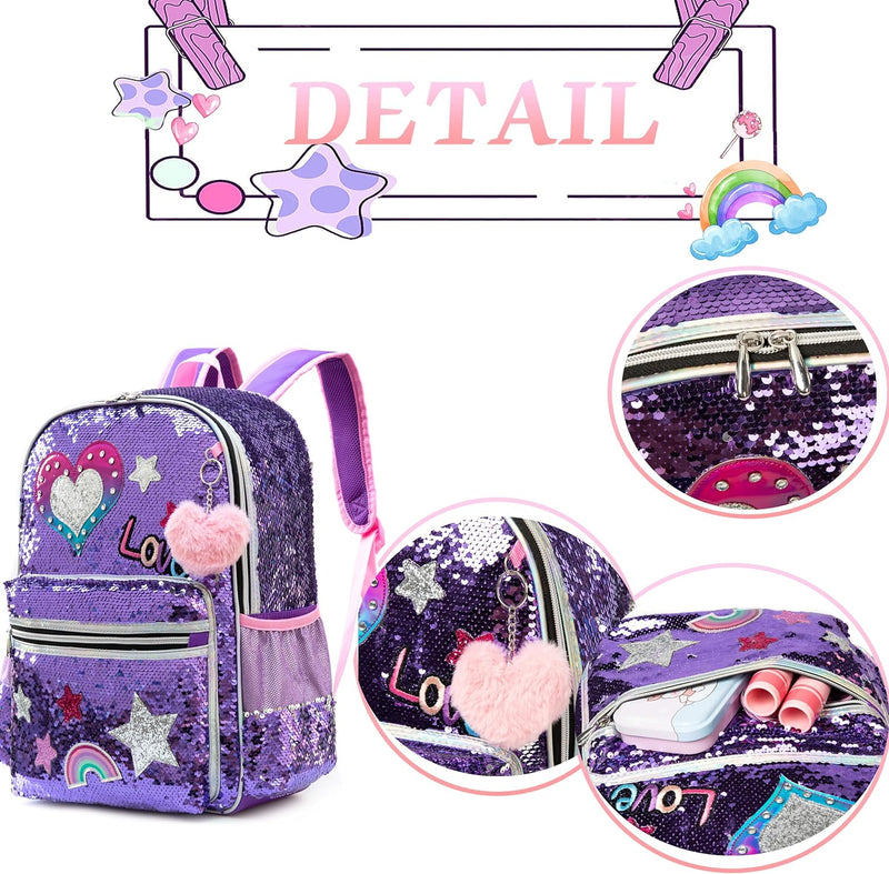 HTgroce Lila Pailletten Schulrucksack Set 3 Teilig, Schultasche ab 3. Klasse, Grundschule Ranzen, Er