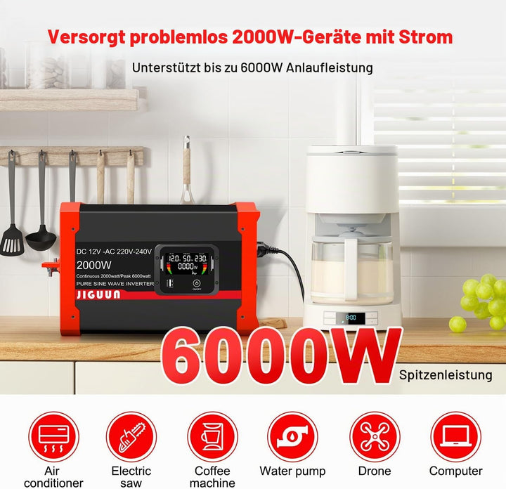 JIGUUN 2000W Wechselrichter Reiner Sinus Spannungswandler 12V 230V Inverter mit 2 EU Steckdosen&amp; 2.4
