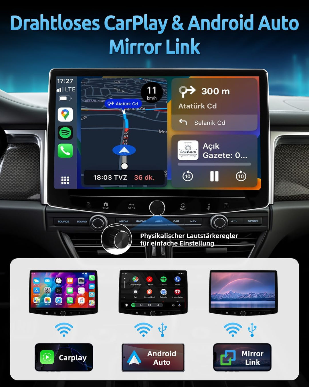 ESSGOO Single Din Android14 Autoradio mit Wireless Carplay und Android Auto,10.1 Zoll IPS-HD Touchsc
