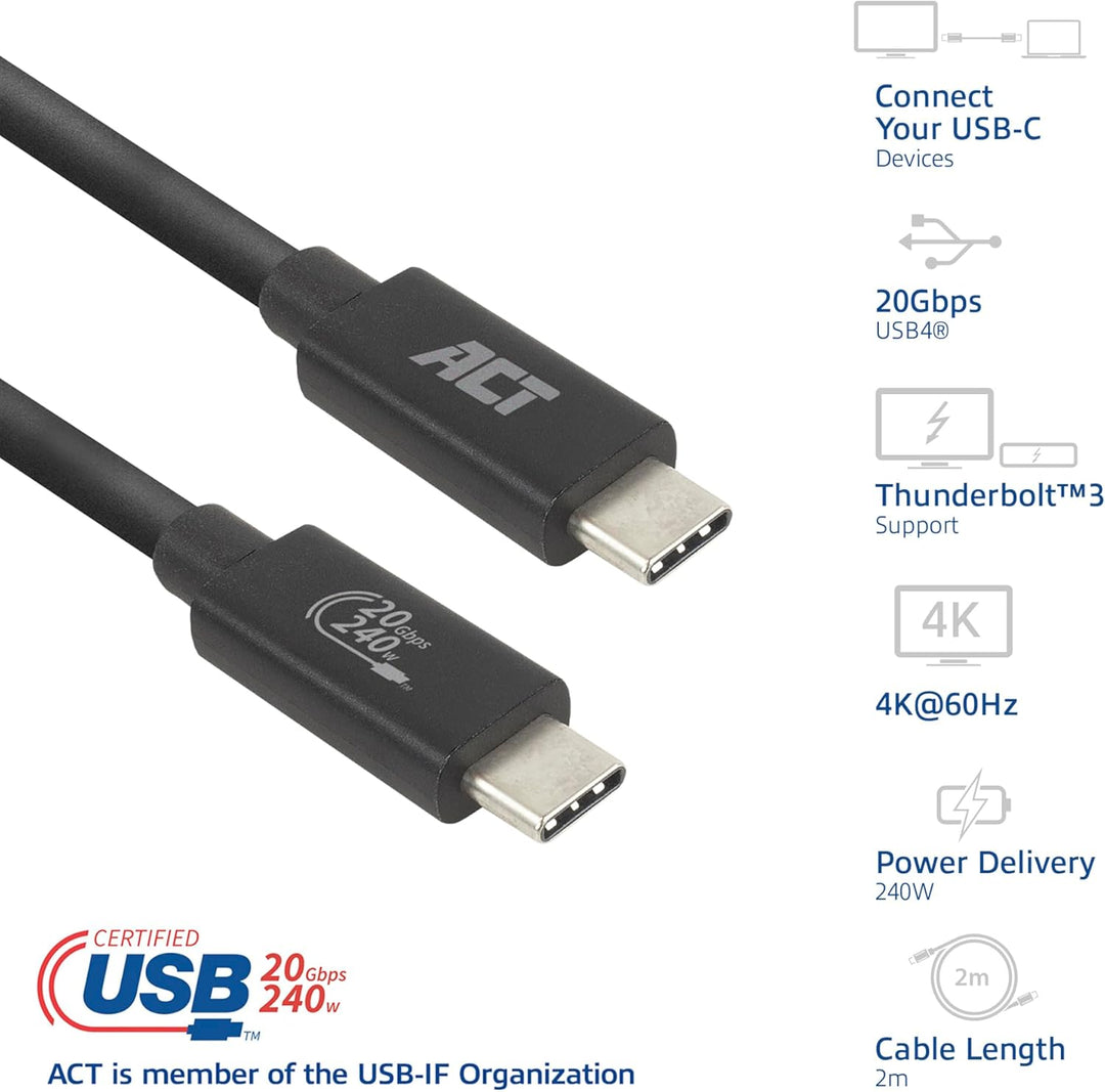 ACT USB 4 Type C, Thunderbolt 3, 20Gbps USB C Video Kabel, 4K@60Hz Video für Monitor, EPR 240W Laden
