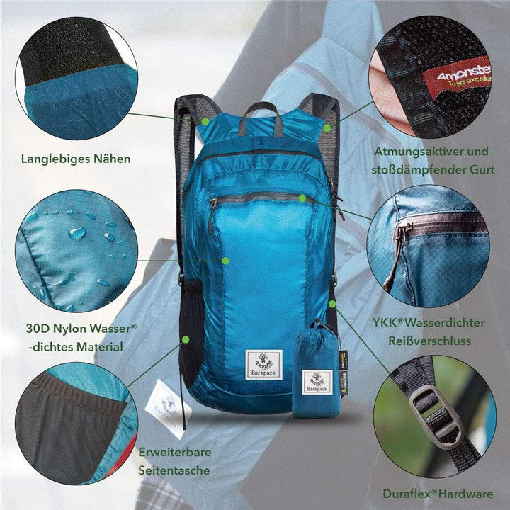 4Monster Faltbarer Rucksack Ultra Leicht, Unisex Tagesrucksack Outdoor, Wasserdichter Wanderrucksack
