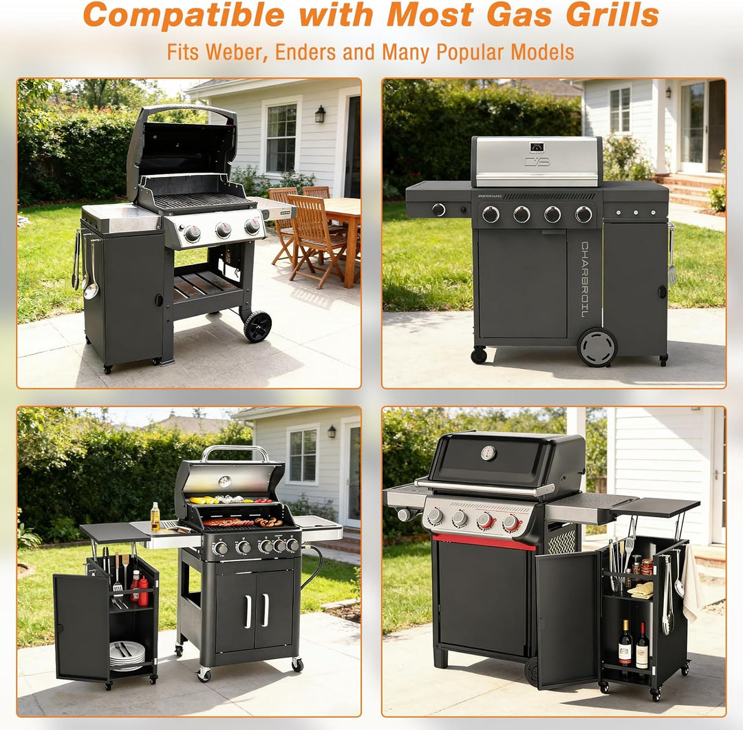GFTIME Grillwagen mit Stauraum & Haken, Rollbarer Grilltrolley mit 4 Lenkrollen, Outdoor Beistelltis
