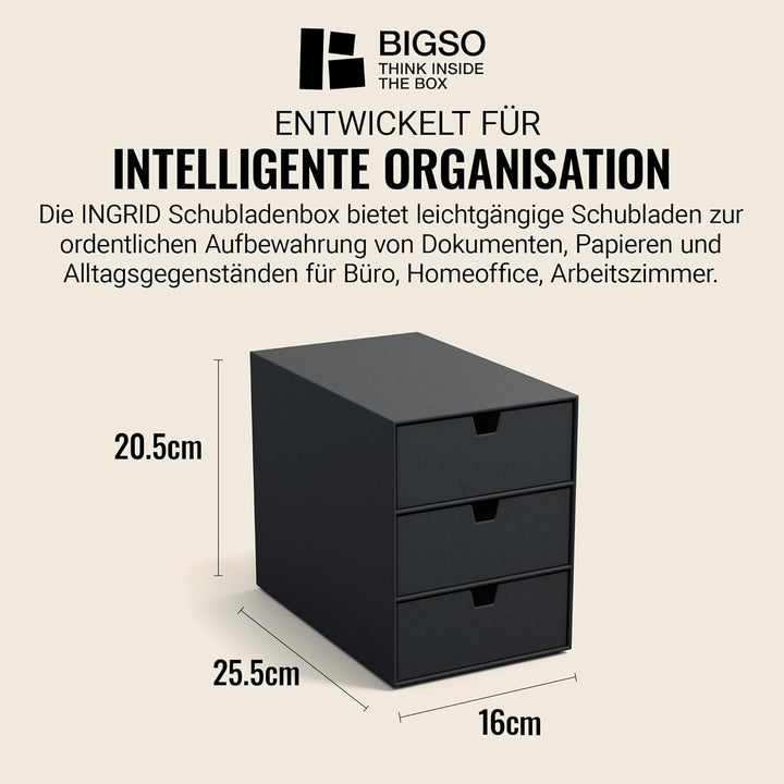 BIGSO INGRID Schubladenbox für Dokumente und Bürobedarf – Schreibtisch Organizer mit 3 Schubladen –