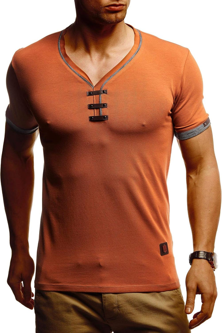 Leif Nelson Sommer T-Shirt Herren V-Ausschnitt - Coole Tshirts lang V-Neck aus Baumwolle - Casual Ba