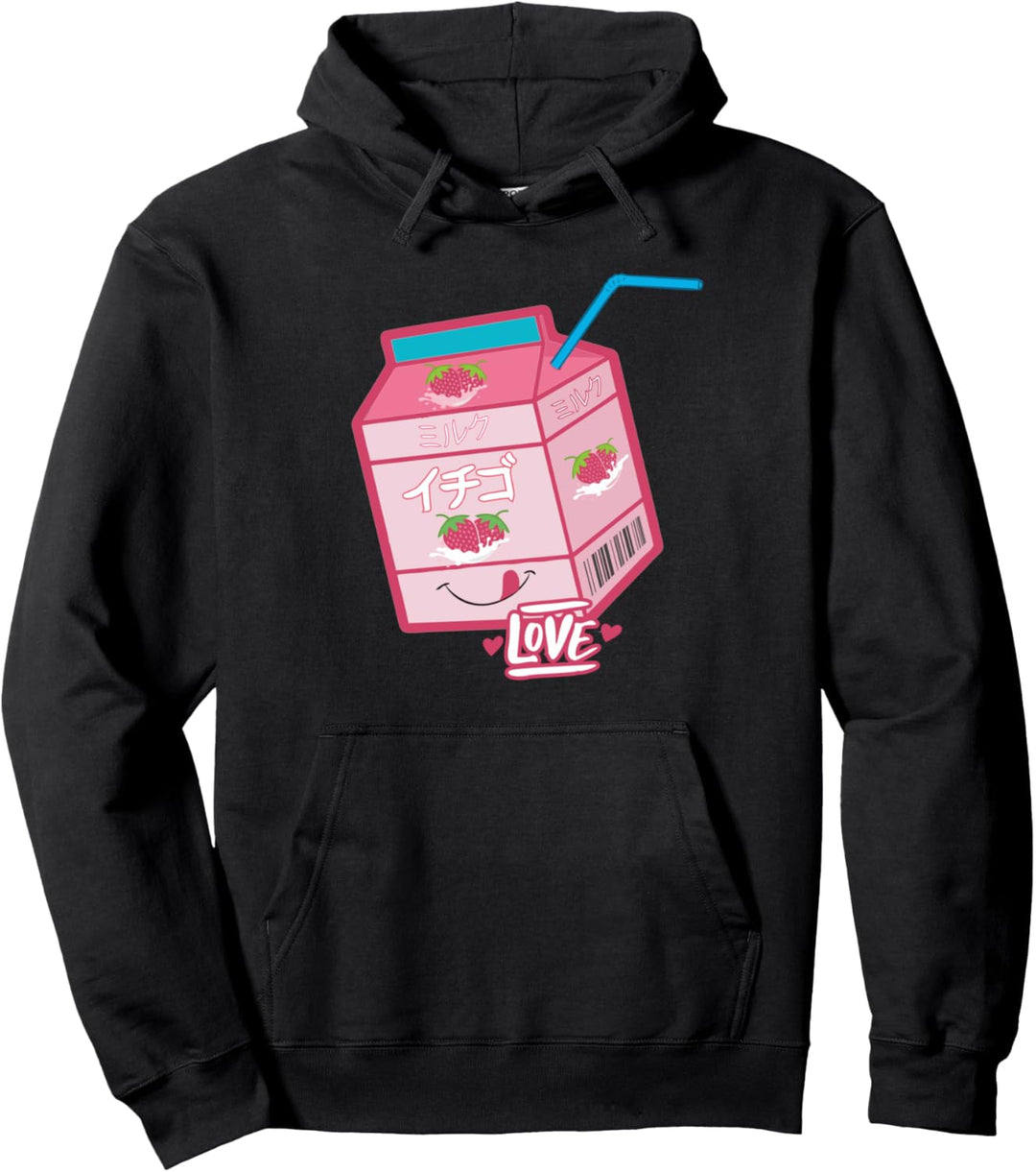 Love 90s Japanese Otaku Strawberry Milk Shake Box Kawaii Fun Pullover Hoodie
