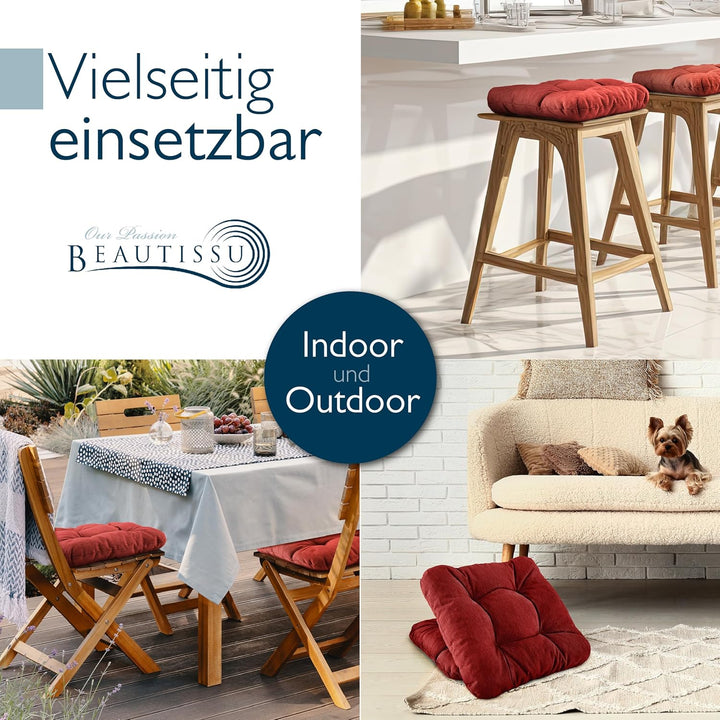 Beautissu 4er Set Premium Stuhlkissen UV-beständig robust für Balkonstühle | 35x35cm Rot 8cm dick Si